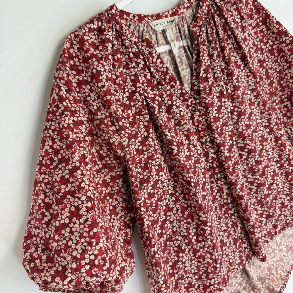 Apiece Apart Mitte Blouse Women S Red Floral Organic Cotton Puff Sleeve Top - Picture 1 of 11
